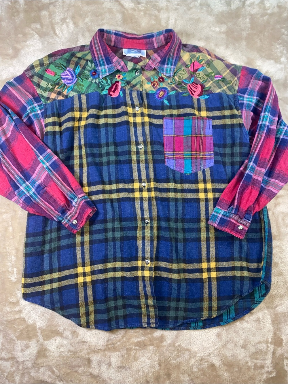 90s QPS Patchwork Embroidered Plaid Flannel Button-Down Shirt